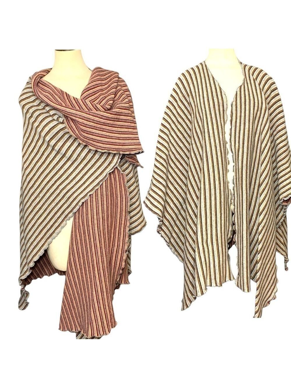 Knit Open Poncho Shrug Wool Blend Boho Wrap Gray Stripes O/S Made in Italy